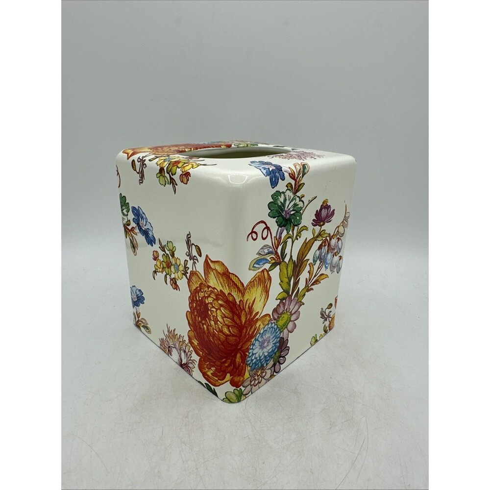MacKenzie Childs White Flower Market Enamel Square Tissue Box Cover